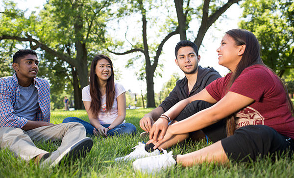 group of students sitting in grass on campus