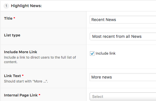 screenshot of author interface for highlight news component