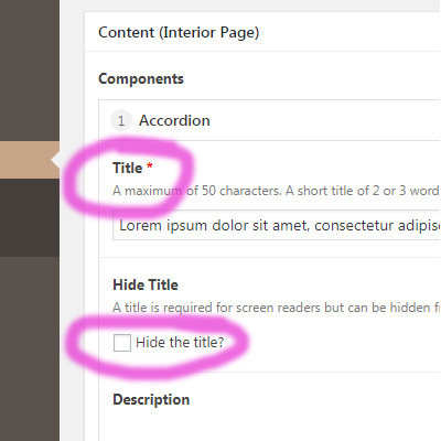 Screen capture of Red Wordpress dashboard showing the component title field is required. 