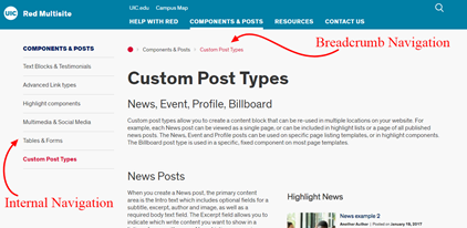 site example of breadcrumb and internal navigation in RED