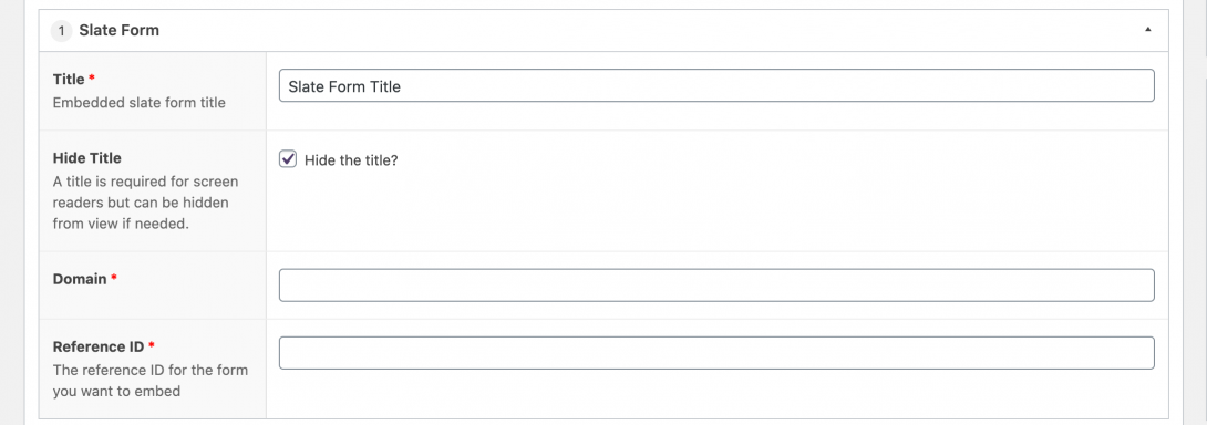 dashboard view of slate form component showing fields listed below